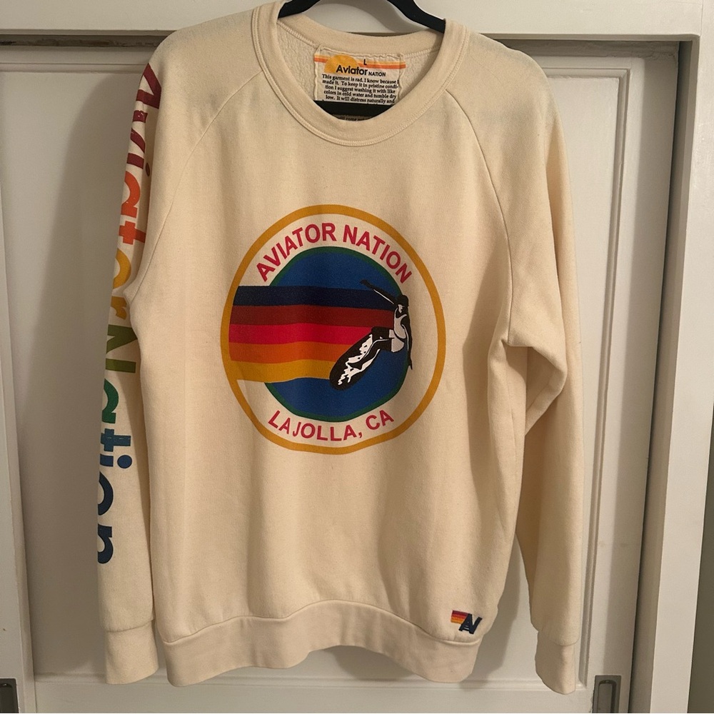 Aviator Nation Cream Sweatshirt with Rainbow Logo